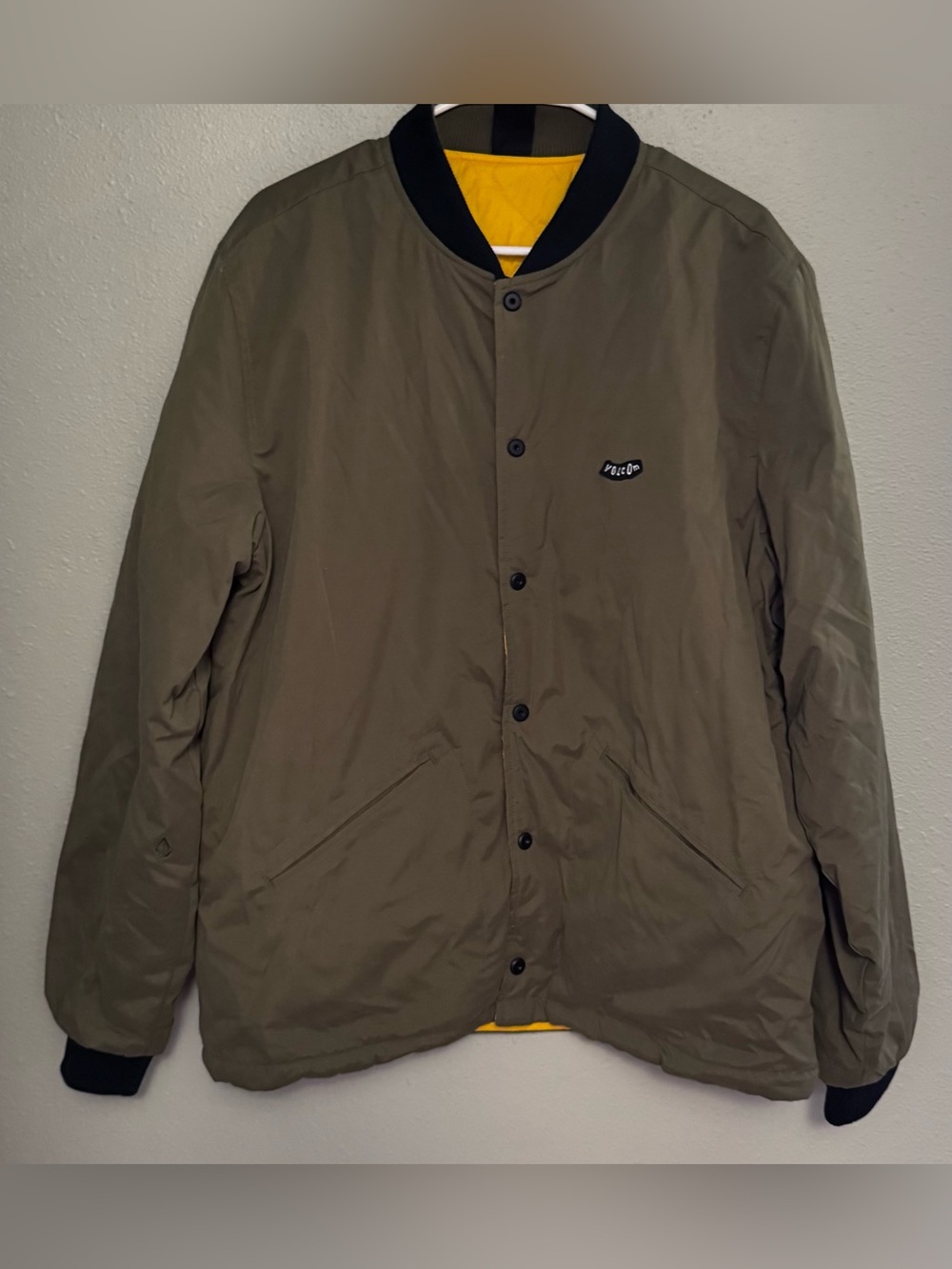 Volcom Olive Green Bomber Jacket Reversible with Yellow Quilting, Size L